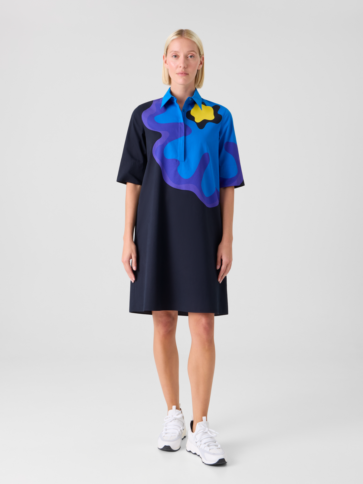 Designer XL Pop Dot Flower Cotton Dress - navy #editorial