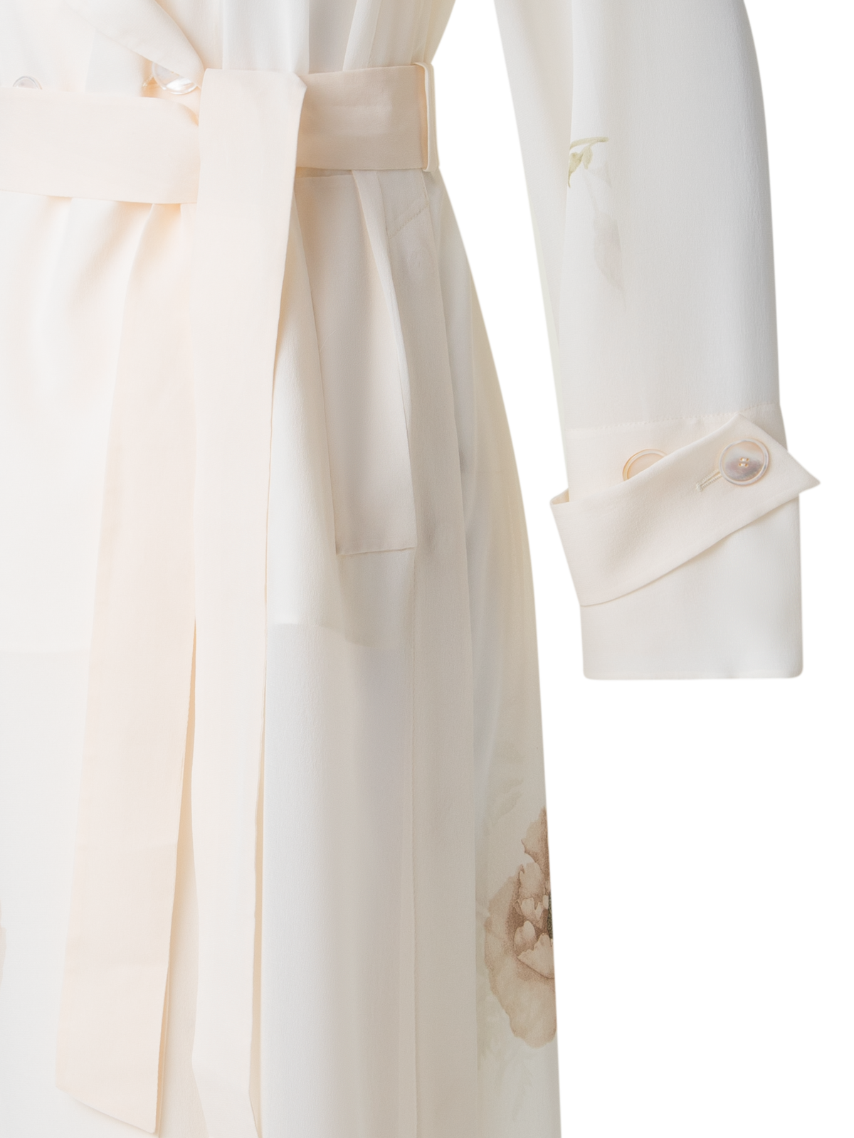 Designer Silk Trench Coat with Anemone Print  - neutral - pastel - multicolor - ecru - white