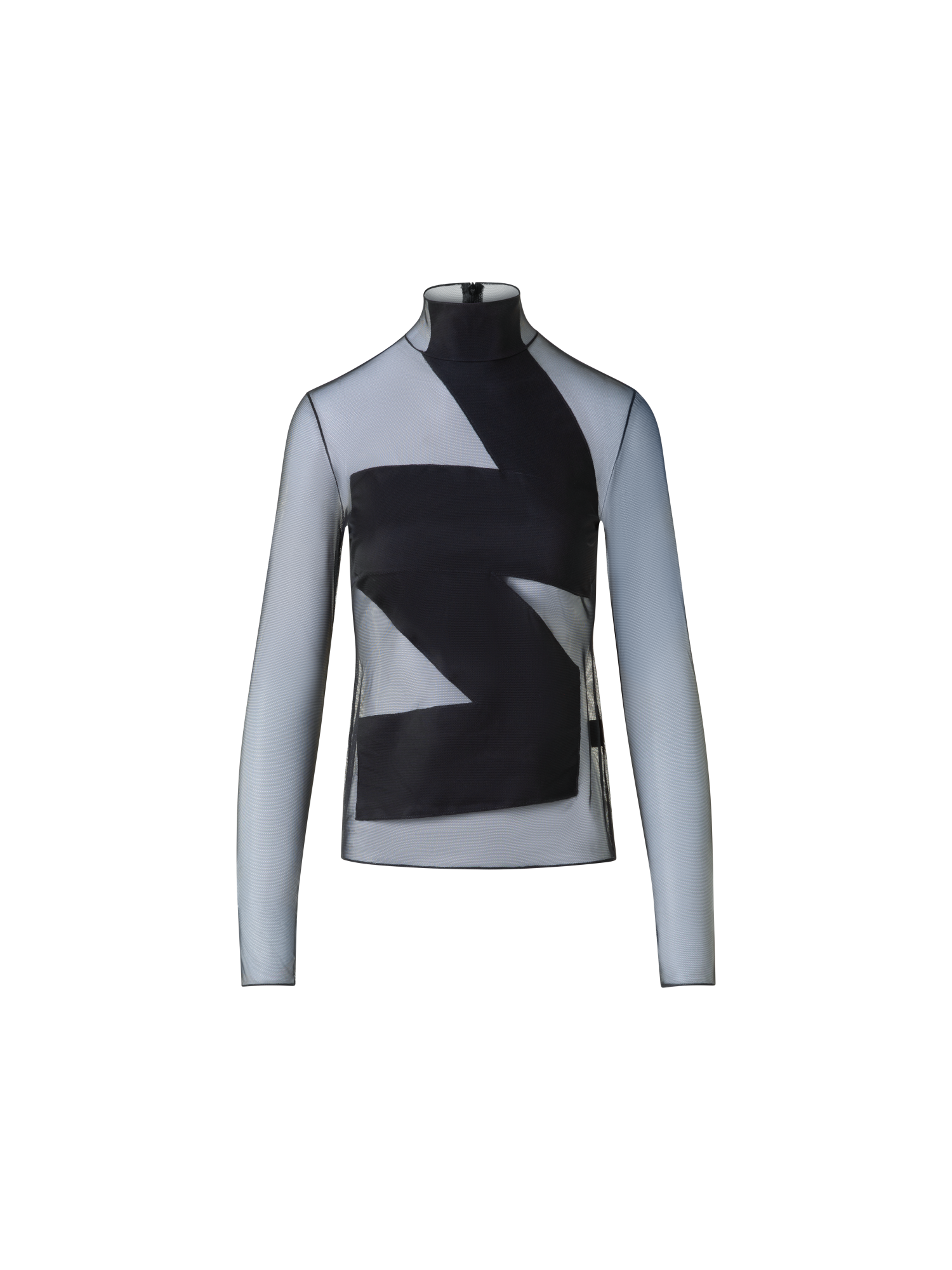 Designer Sheer Fitted Mock Neck Top with Zigzag Detail - black - neutral