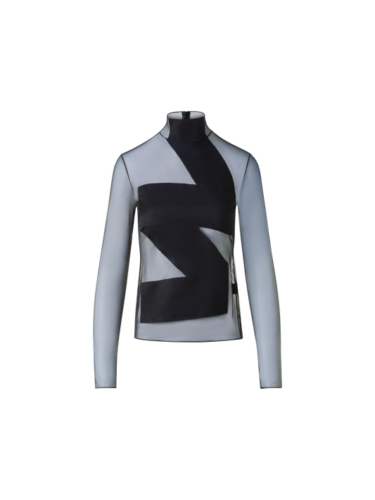Designer Sheer Fitted Mock Neck Top with Zigzag Detail - black - neutral