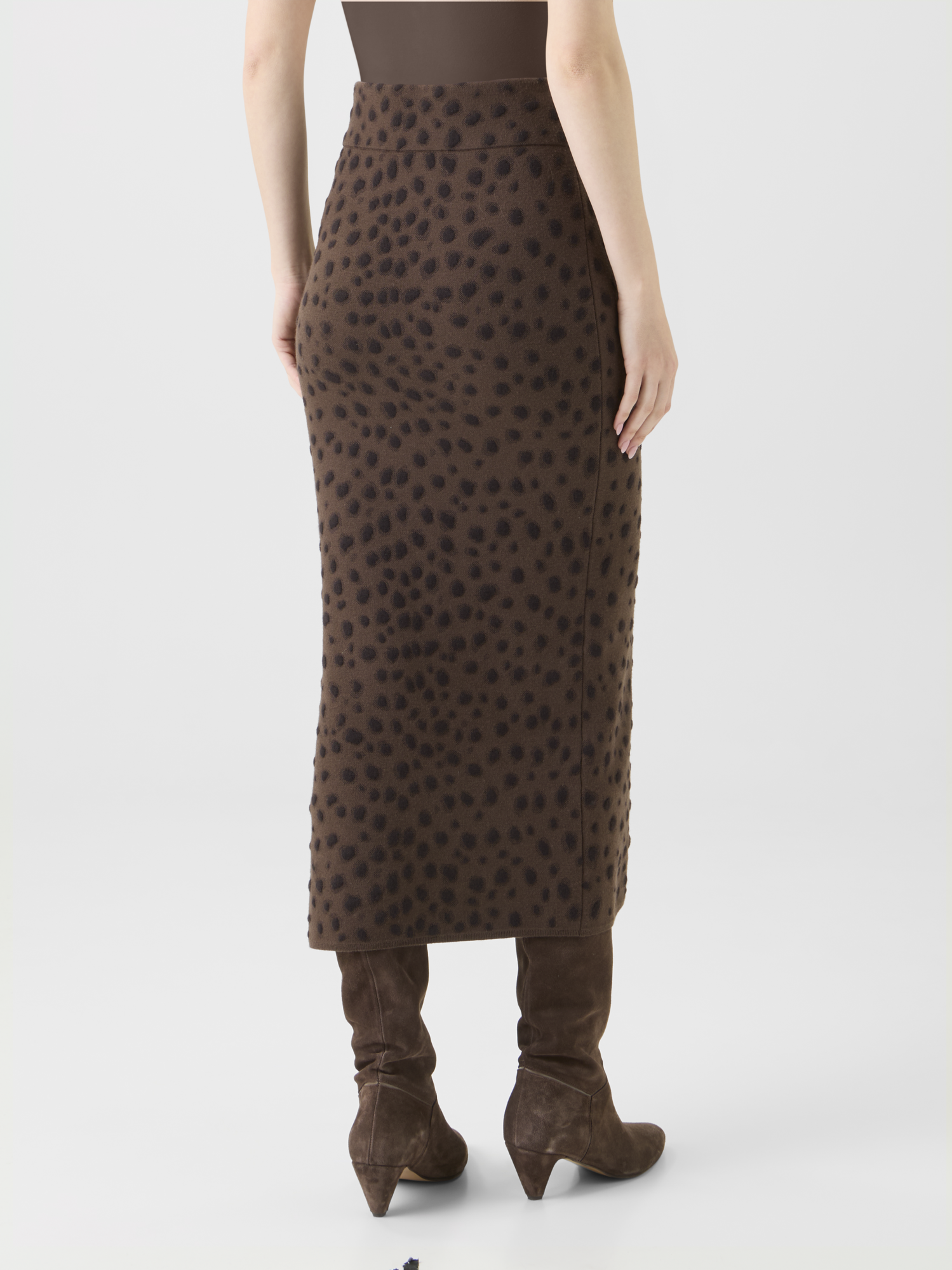 Designer Merino Wool Knit Tube Skirt in Leopard Jacquard - neutral - brown 