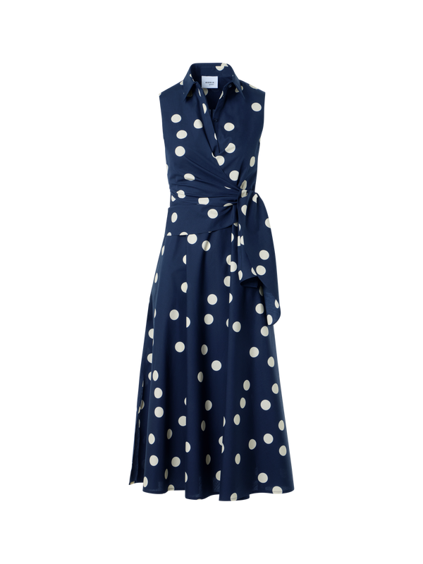 Designer Polka Dot Wrap Midi Dress in Cotton Poplin - navy