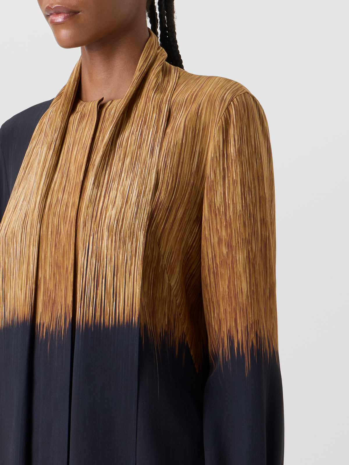 Designer Silk Blouse in Oro Lienzo Print with Scarf - brown - black - multicolor #editorial