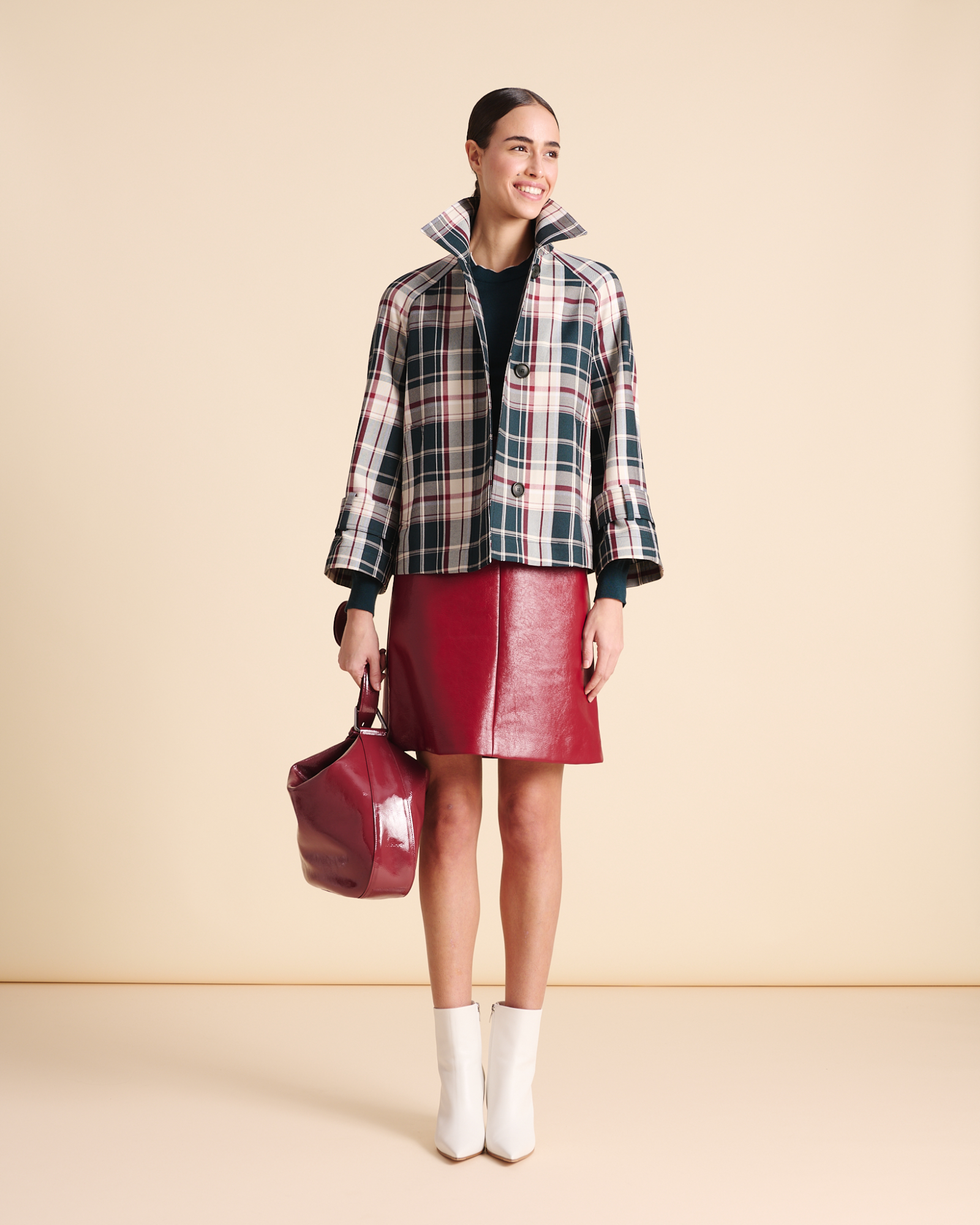 Designer Short Skirt in Lacquered Leather - red