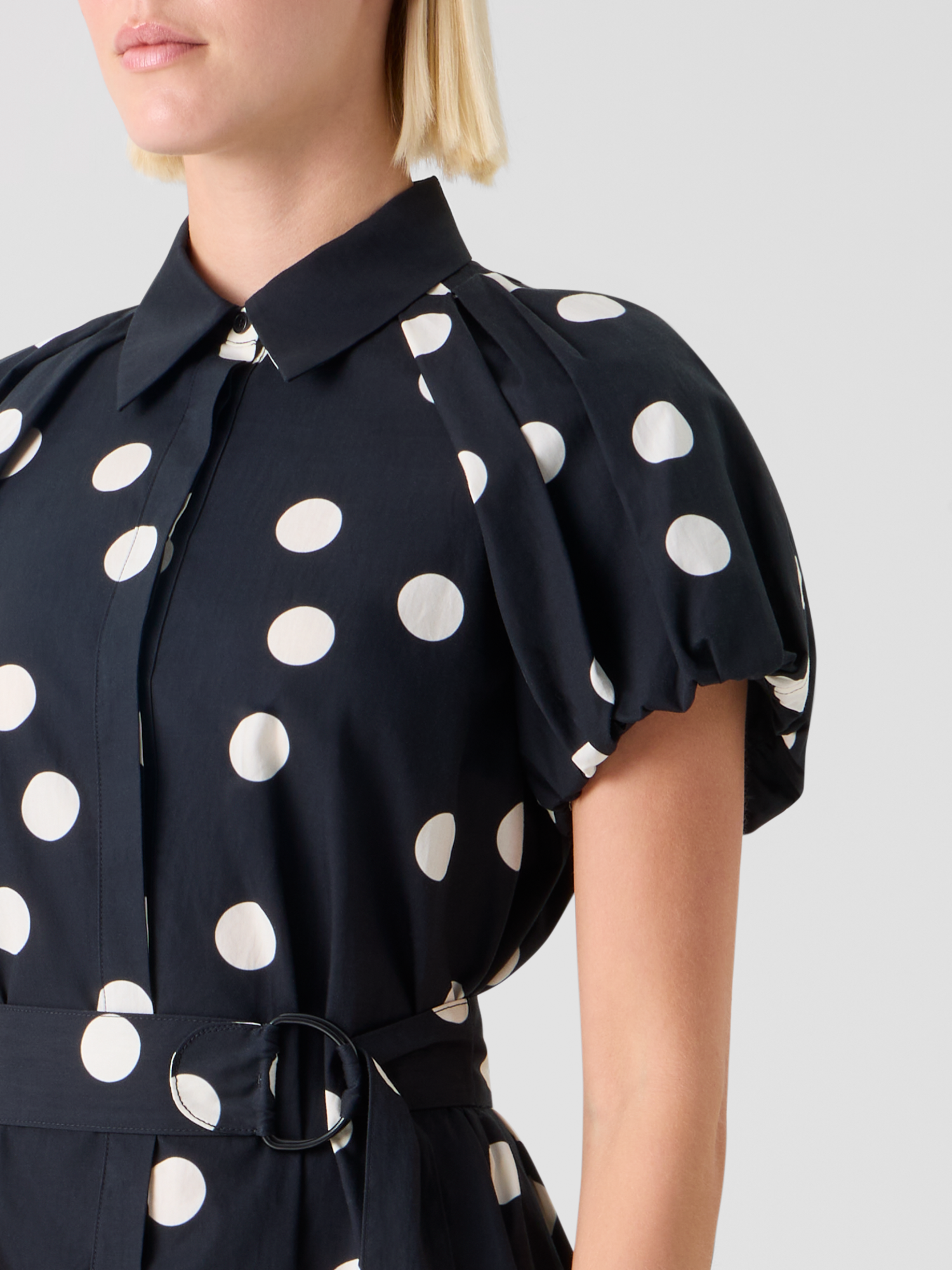 Designer Polka Dot Cotton Shirt Dress with Puff Sleeves - black