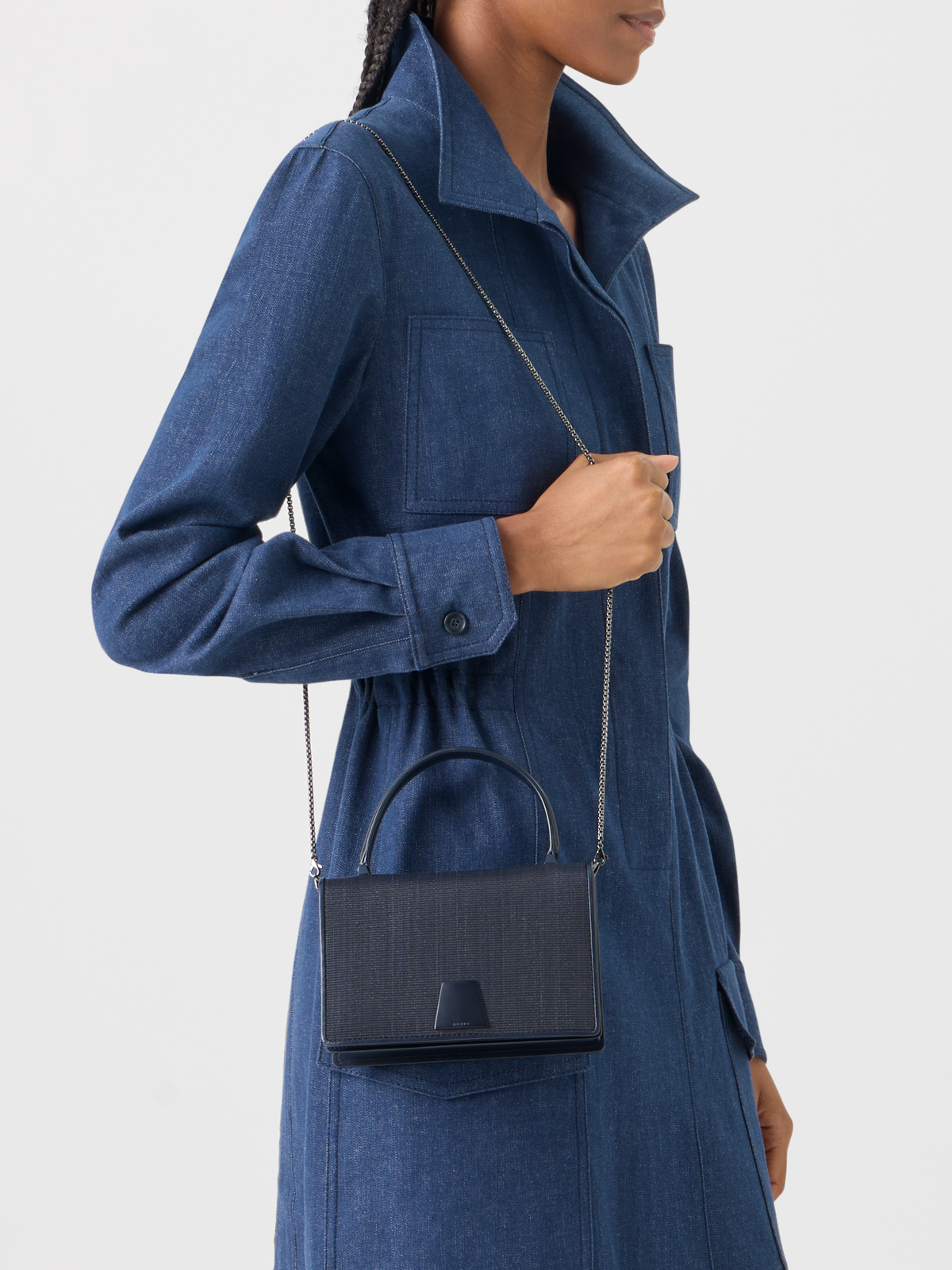 Designer Short Dress in Sea Island Denim - blue #editorial