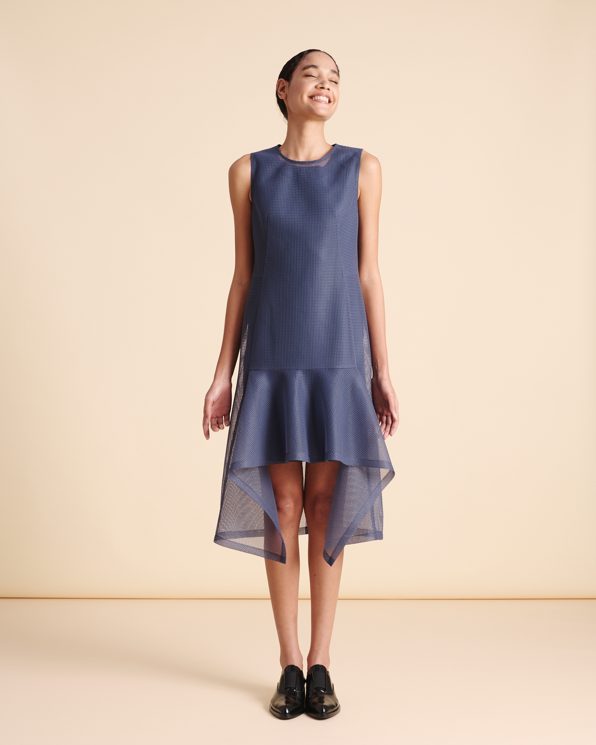 Designer Short Asymmetrical Dress in Techno Grid - blue