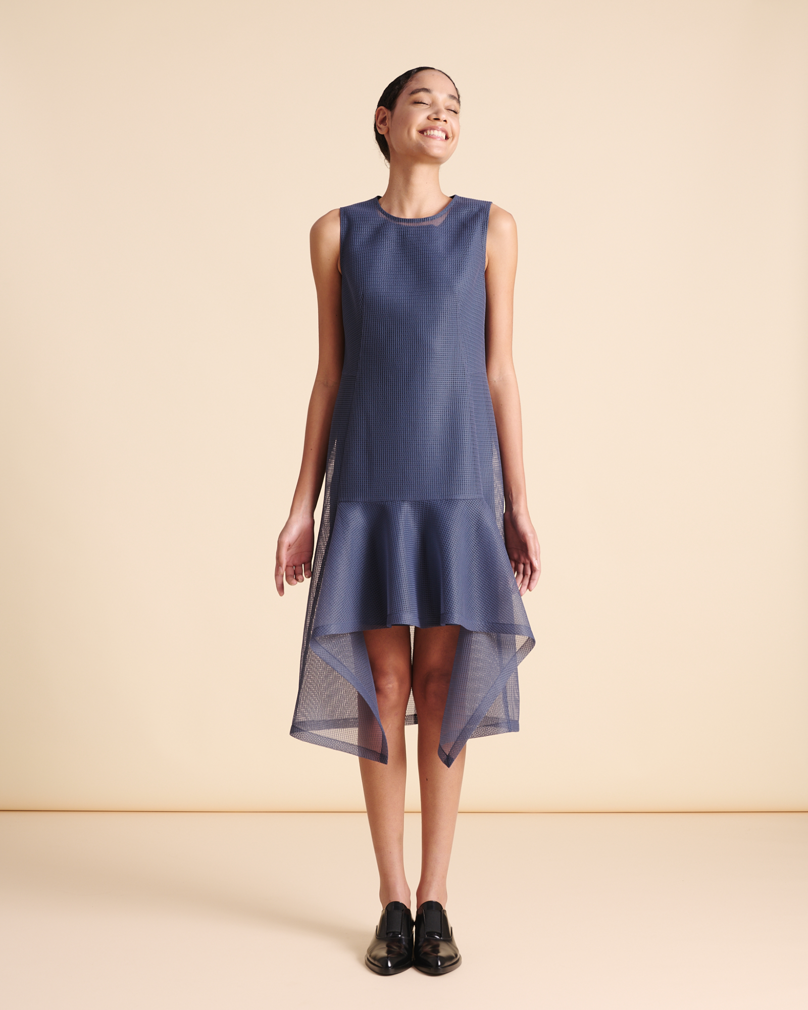 Designer Short Asymmetrical Dress in Techno Grid - blue