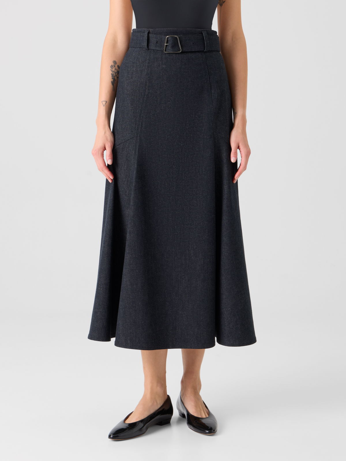 Designer Denim A-line Midi Skirt - black #editorial