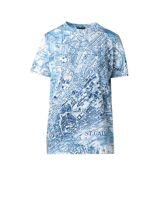 Designer St. Gallen Map Print Cotton Jersey T-shirt - blue - multicolor