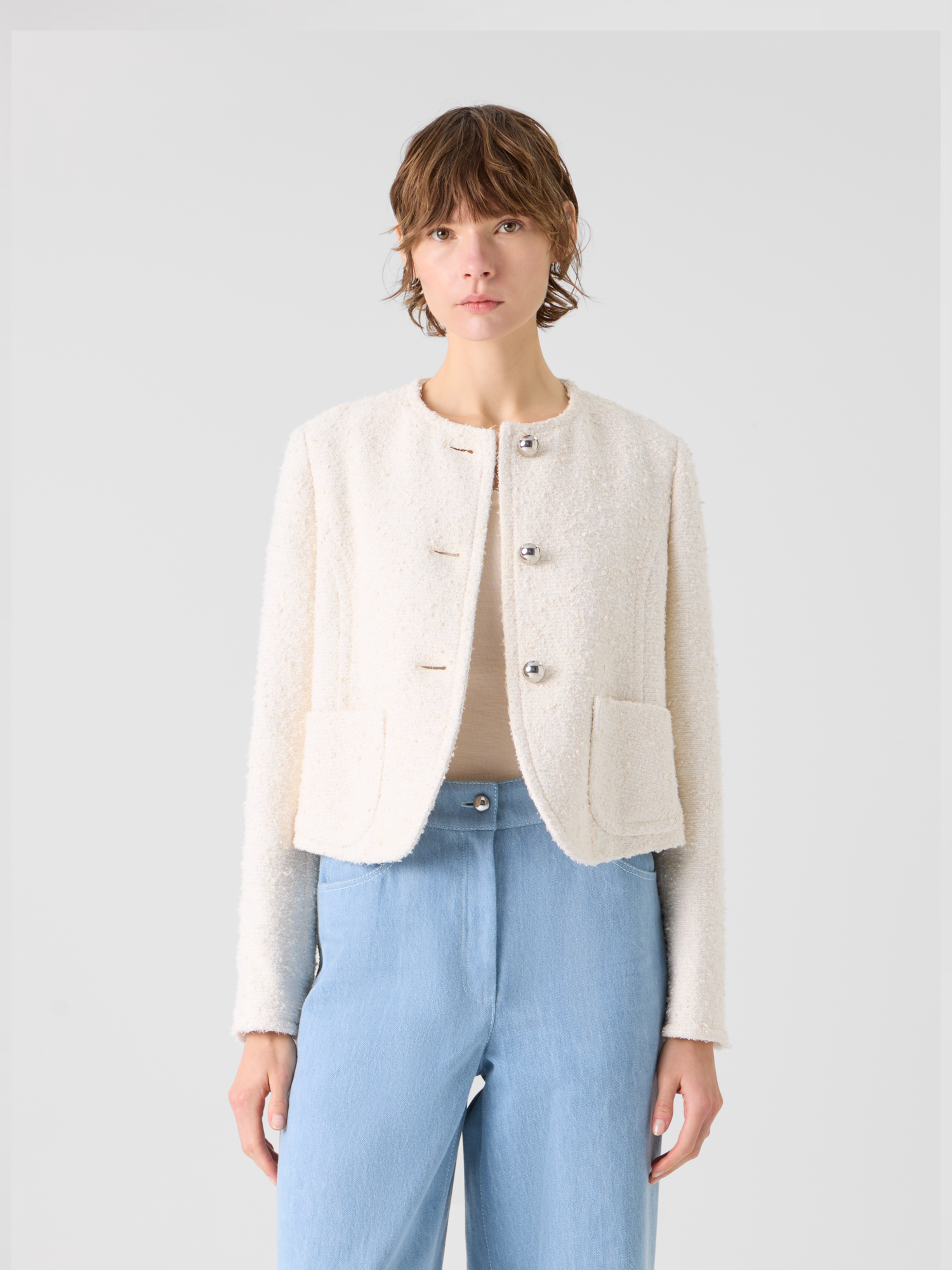 Designer Boxy Bouclé Cotton Summer Jacket - ecru