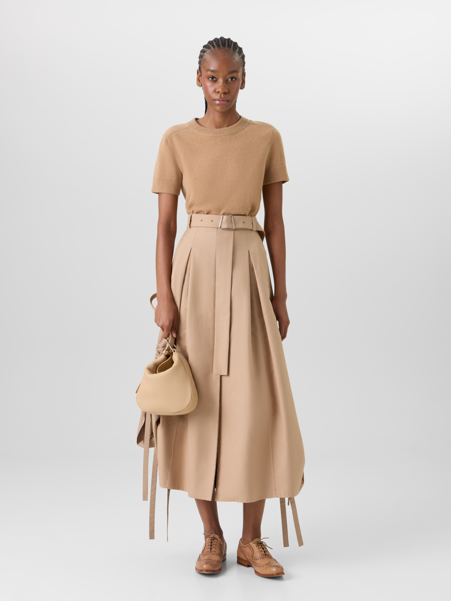 Designer Flared Cotton Double-Face Midi Skirt - beige 