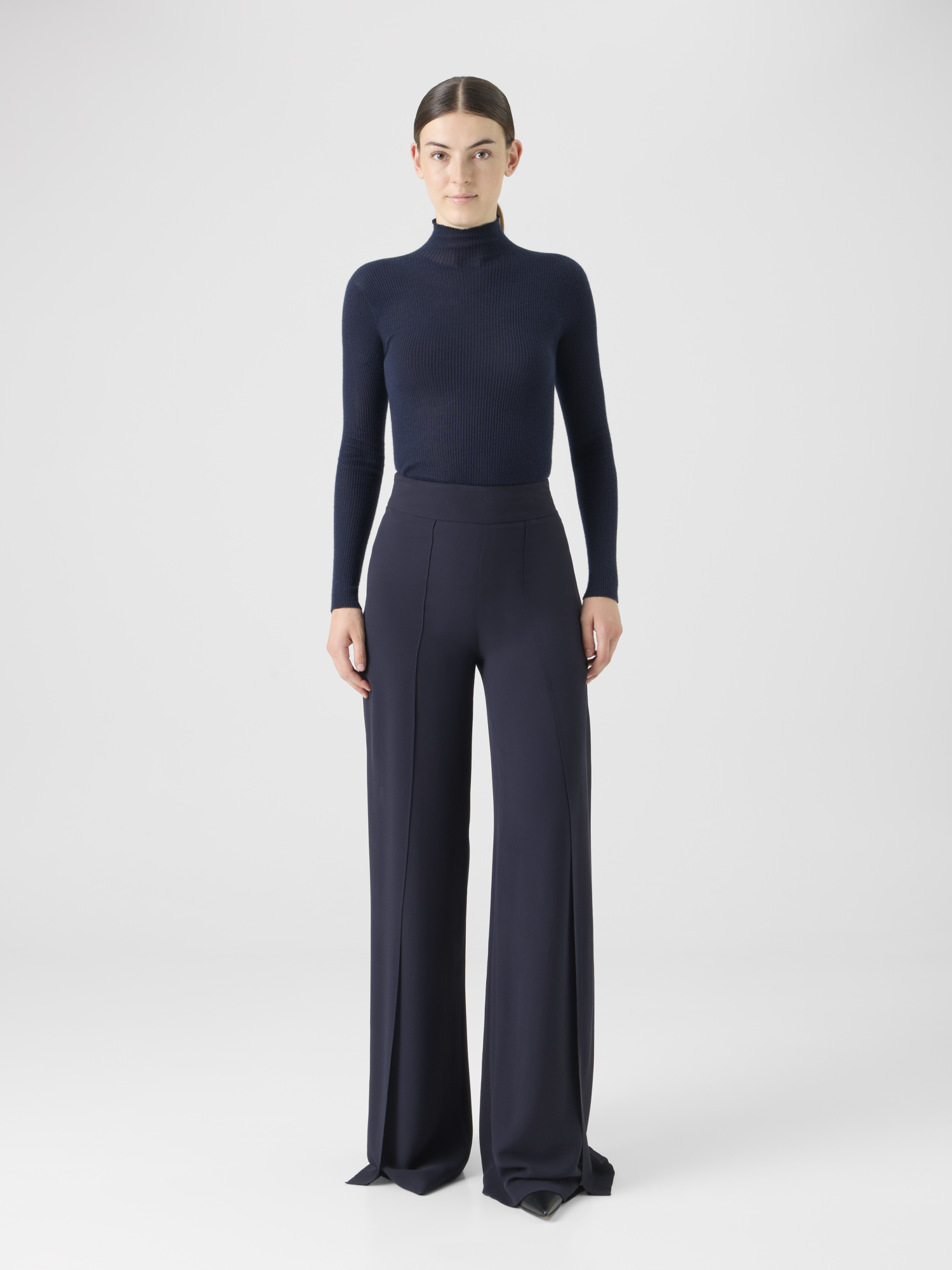 Designer Wide Silk Pants with Slits - navy 