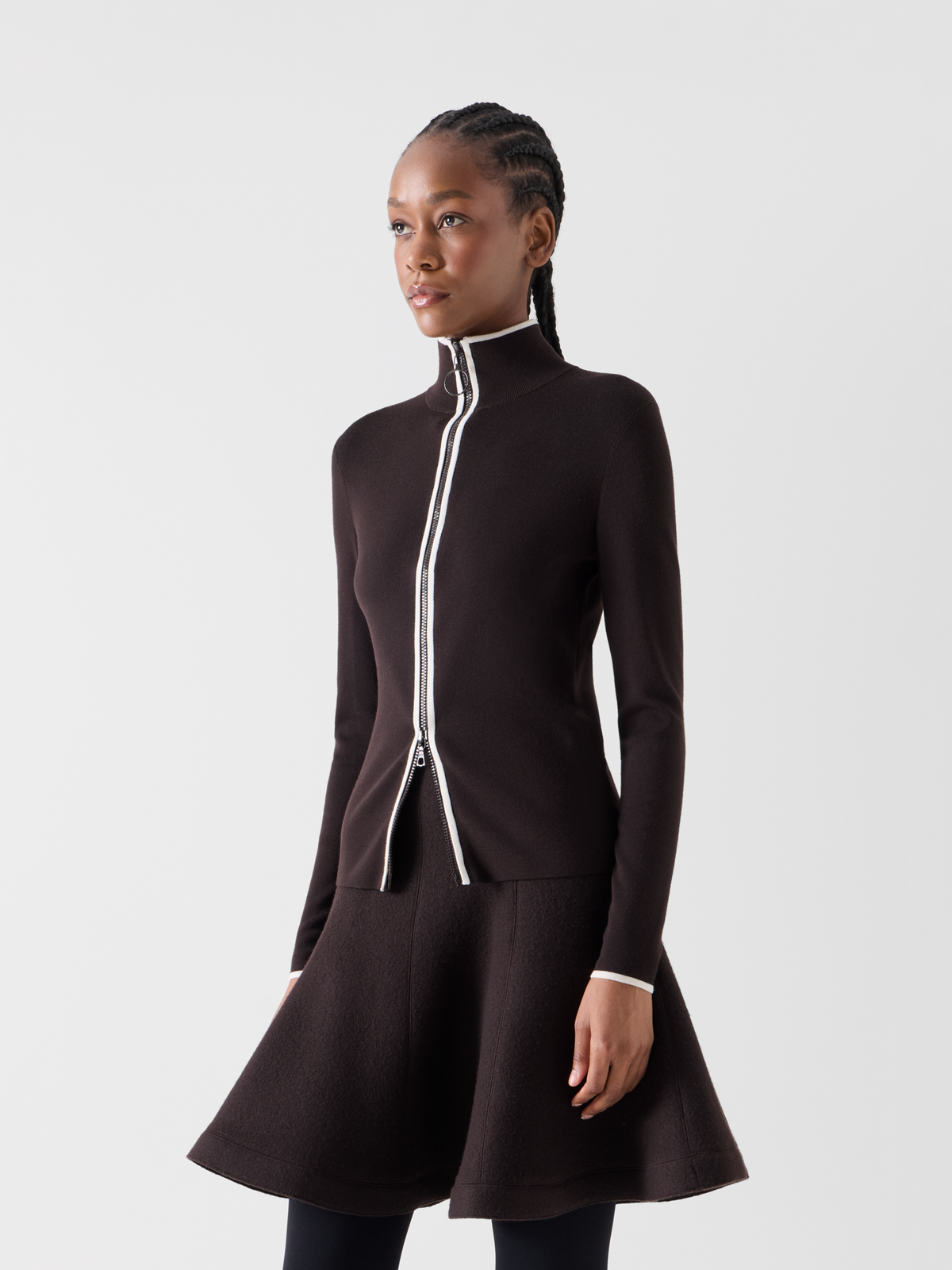 Designer Zipped Cardigan with Contrast Piping - brown 