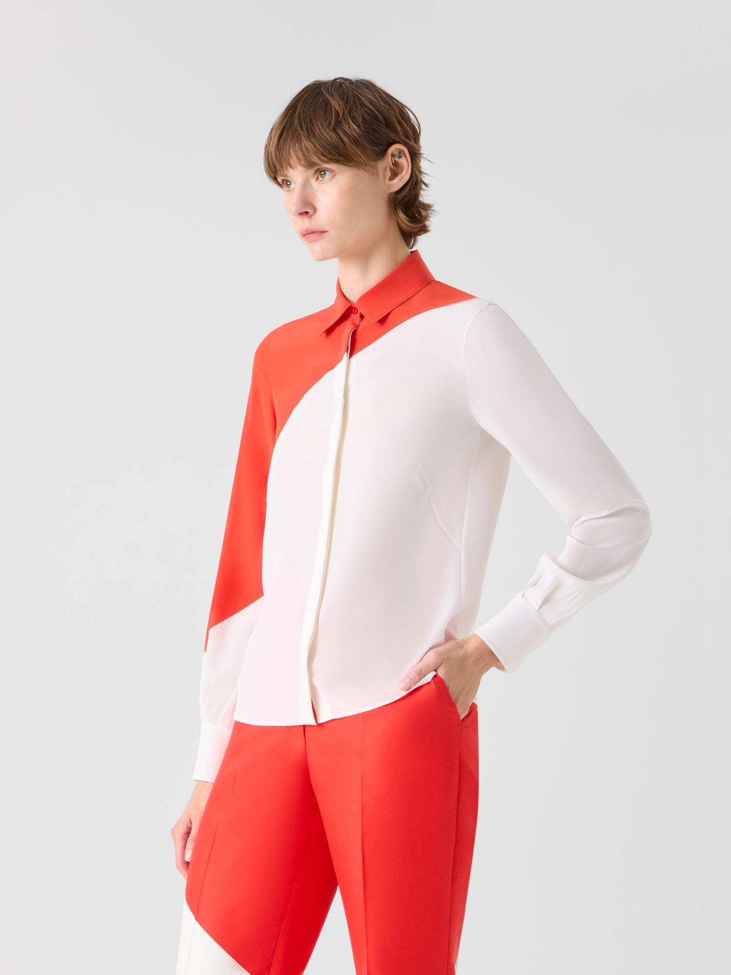 Designer Silk Crêpe Blouse with Polygon Print - multicolor