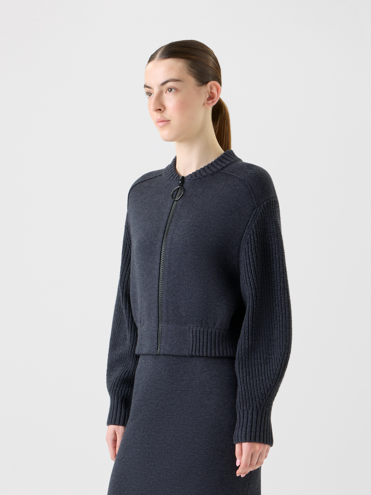 Designer Wool Milano Knit Bomber Jacket - neutral - grey #editorial