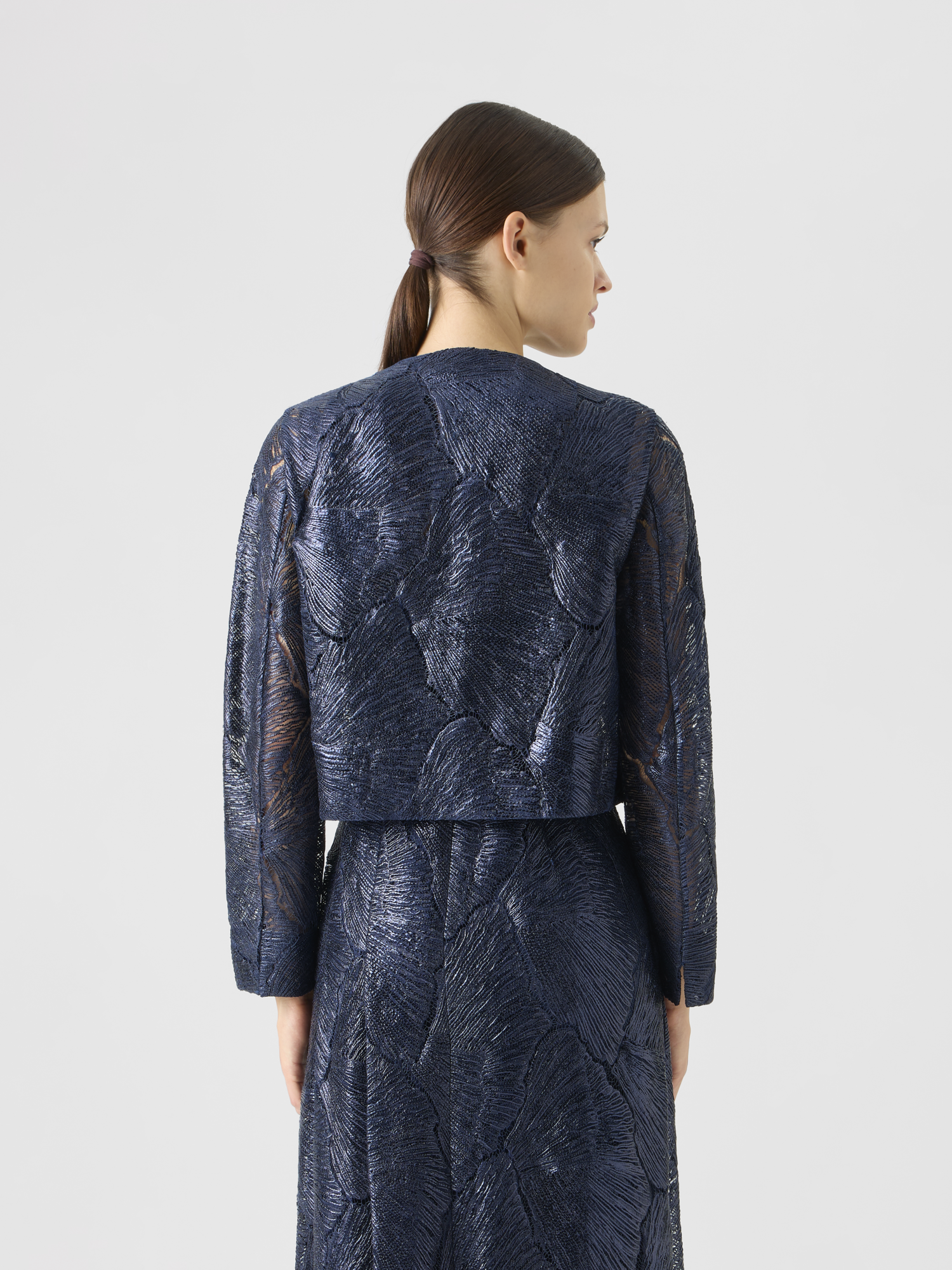 Designer Lacquered Sea Fan Lace Short Jacket - navy 