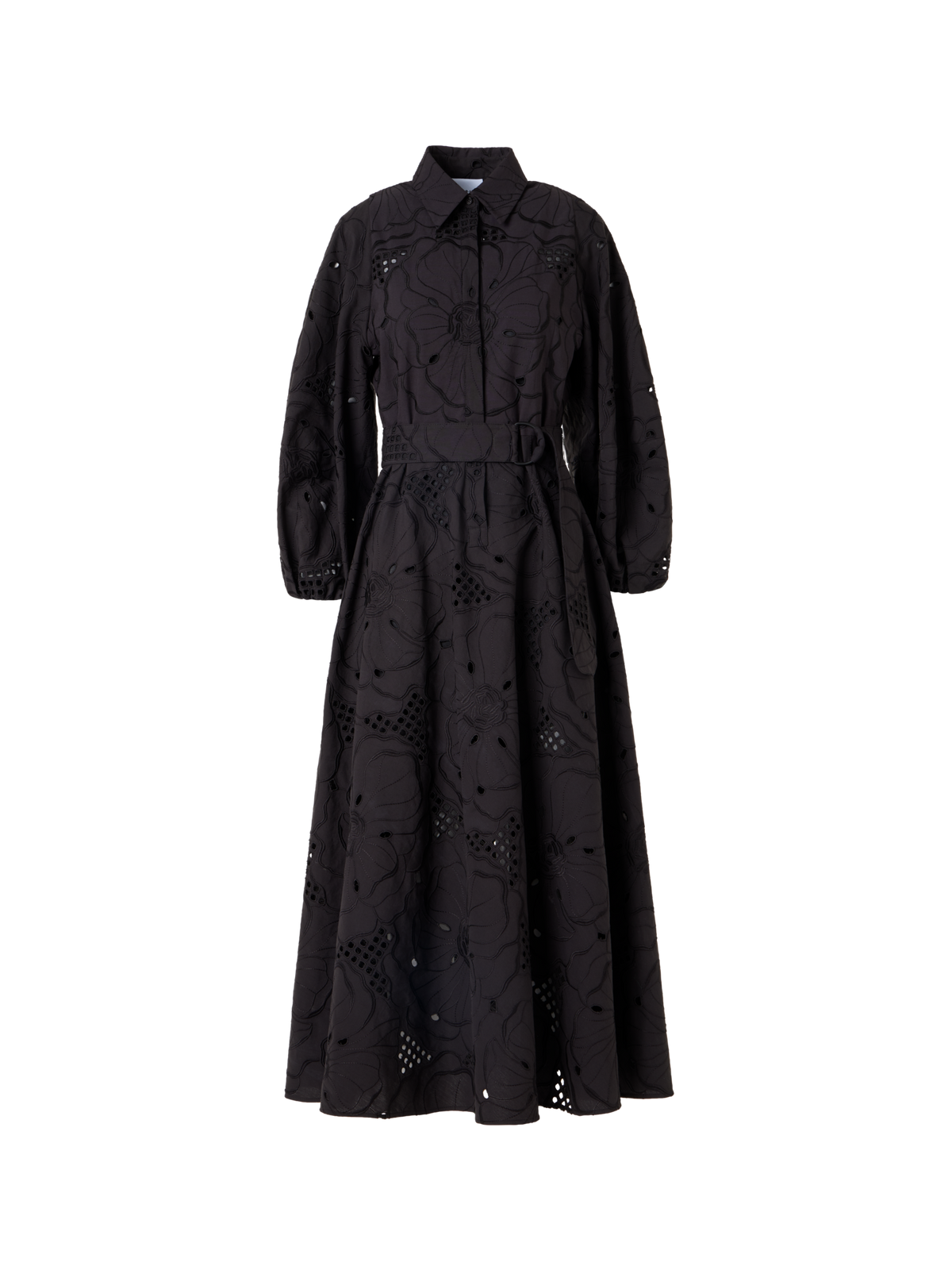 Designer Fit-and-Flare Flower Eyelet Midi Dress - black