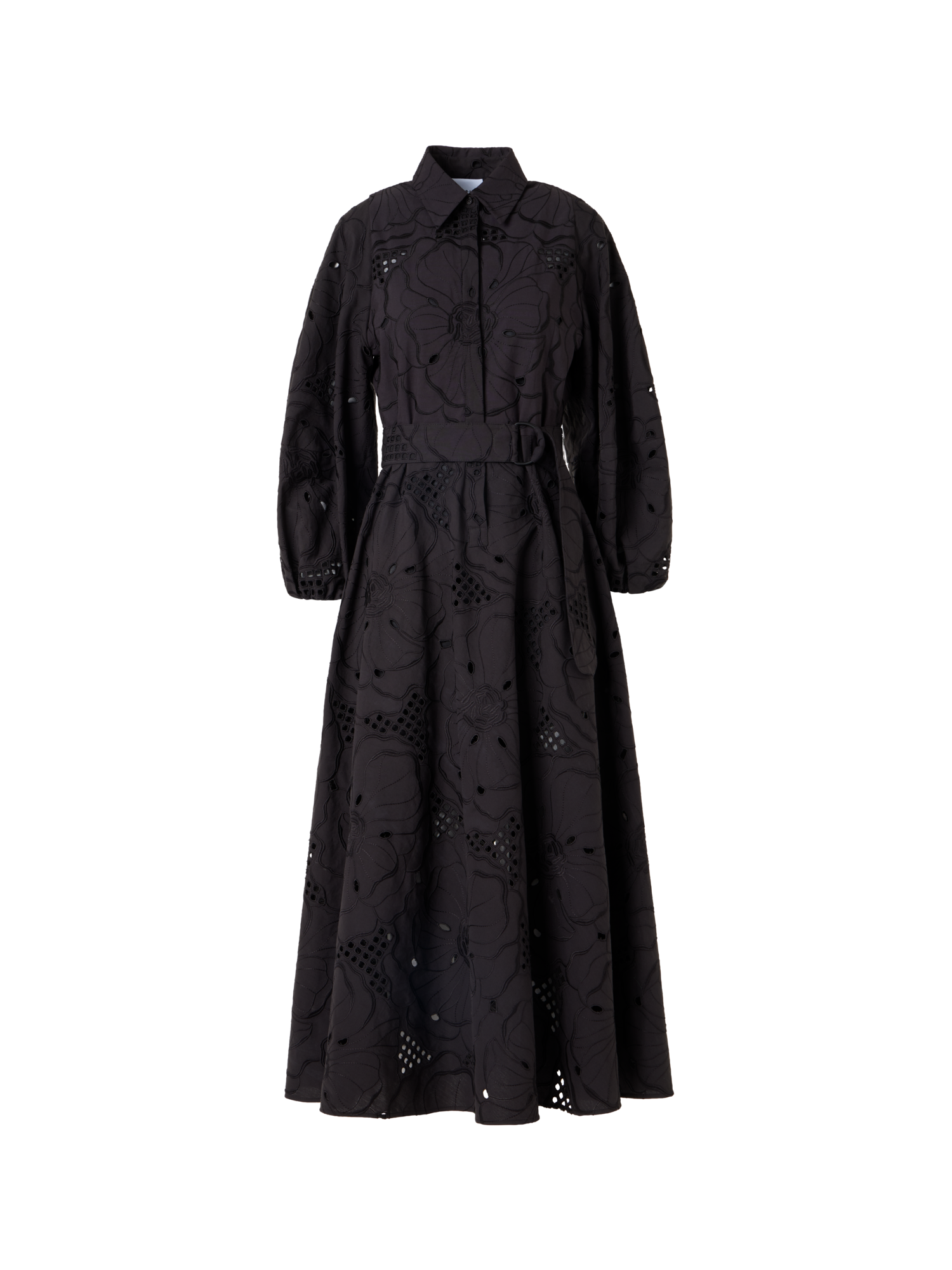 Designer Fit-and-Flare Flower Eyelet Midi Dress - black