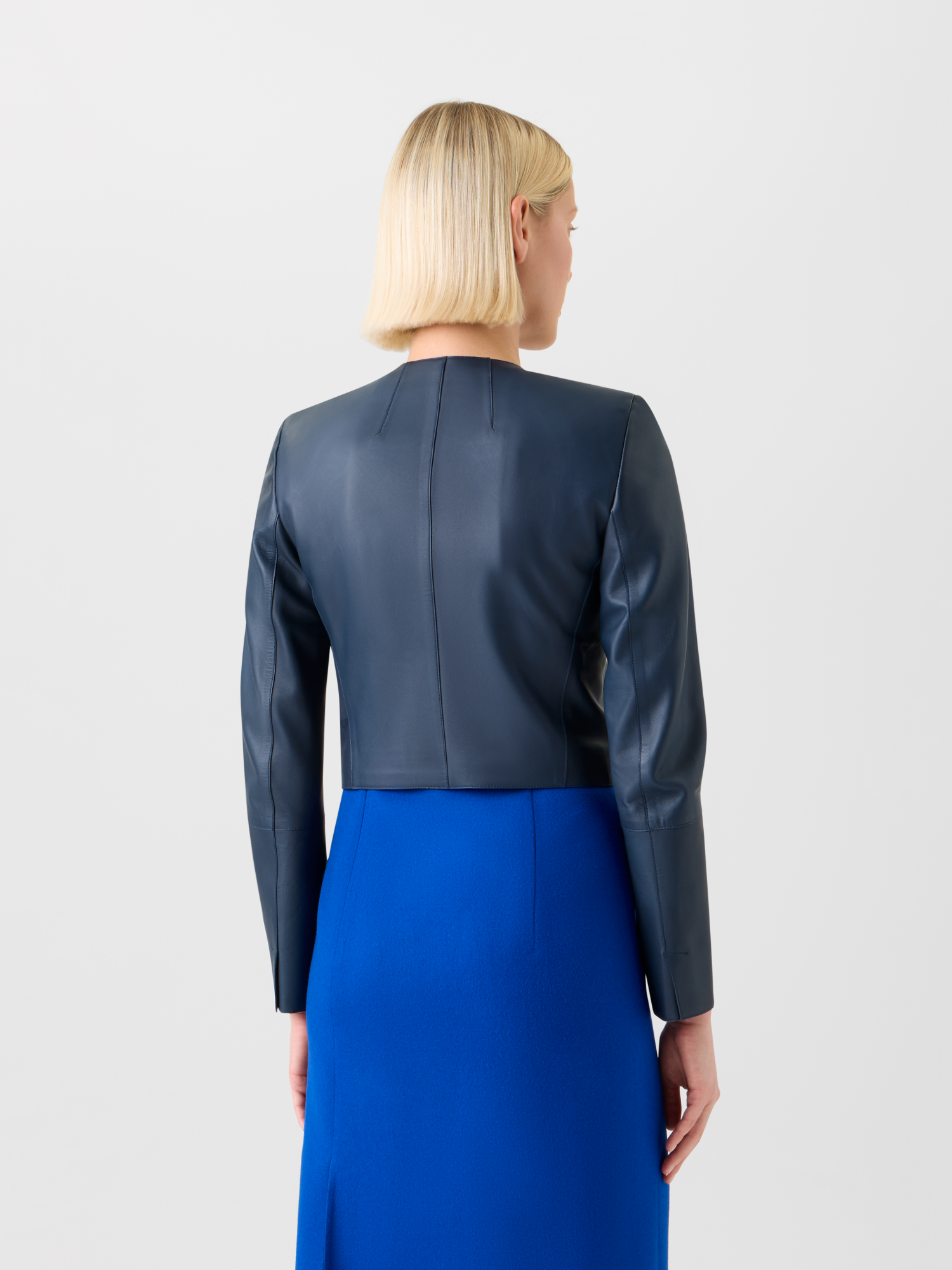 Designer Cropped Leather Jacket - navy - blue 