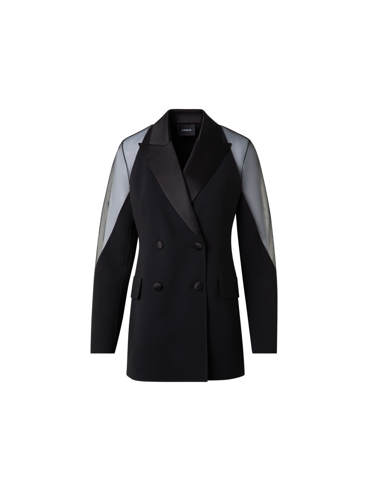 Designer Wool Satin Tuxedo Jacket with Sheer Shoulders