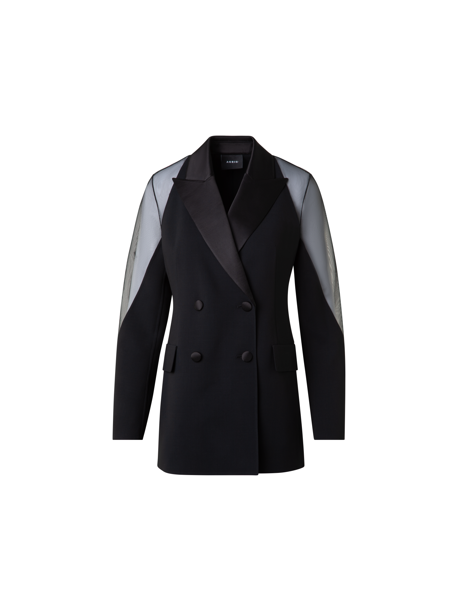 Designer Wool Satin Tuxedo Jacket with Sheer Shoulders