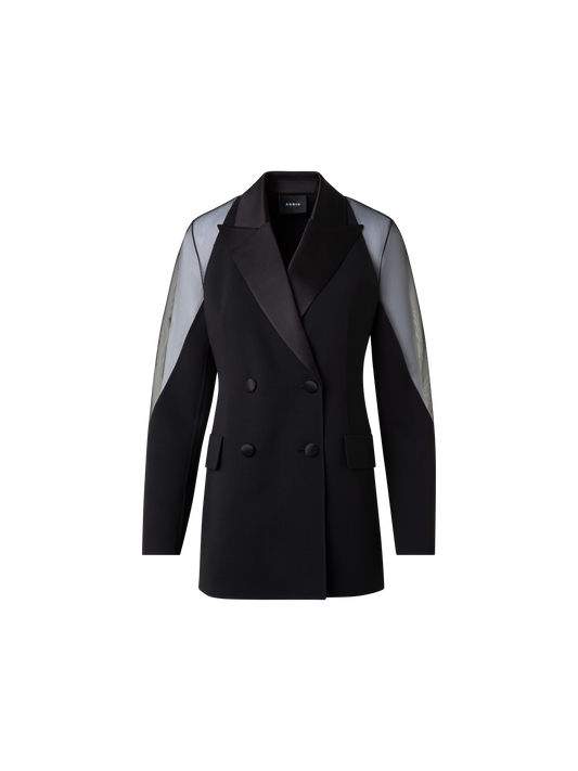 Designer Wool Satin Tuxedo Jacket with Sheer Shoulders