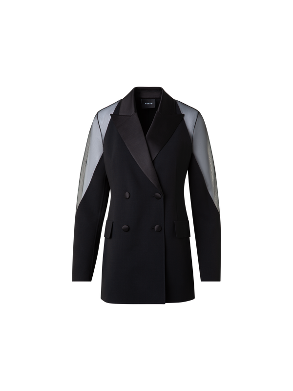 Designer Wool Satin Tuxedo Jacket with Sheer Shoulders