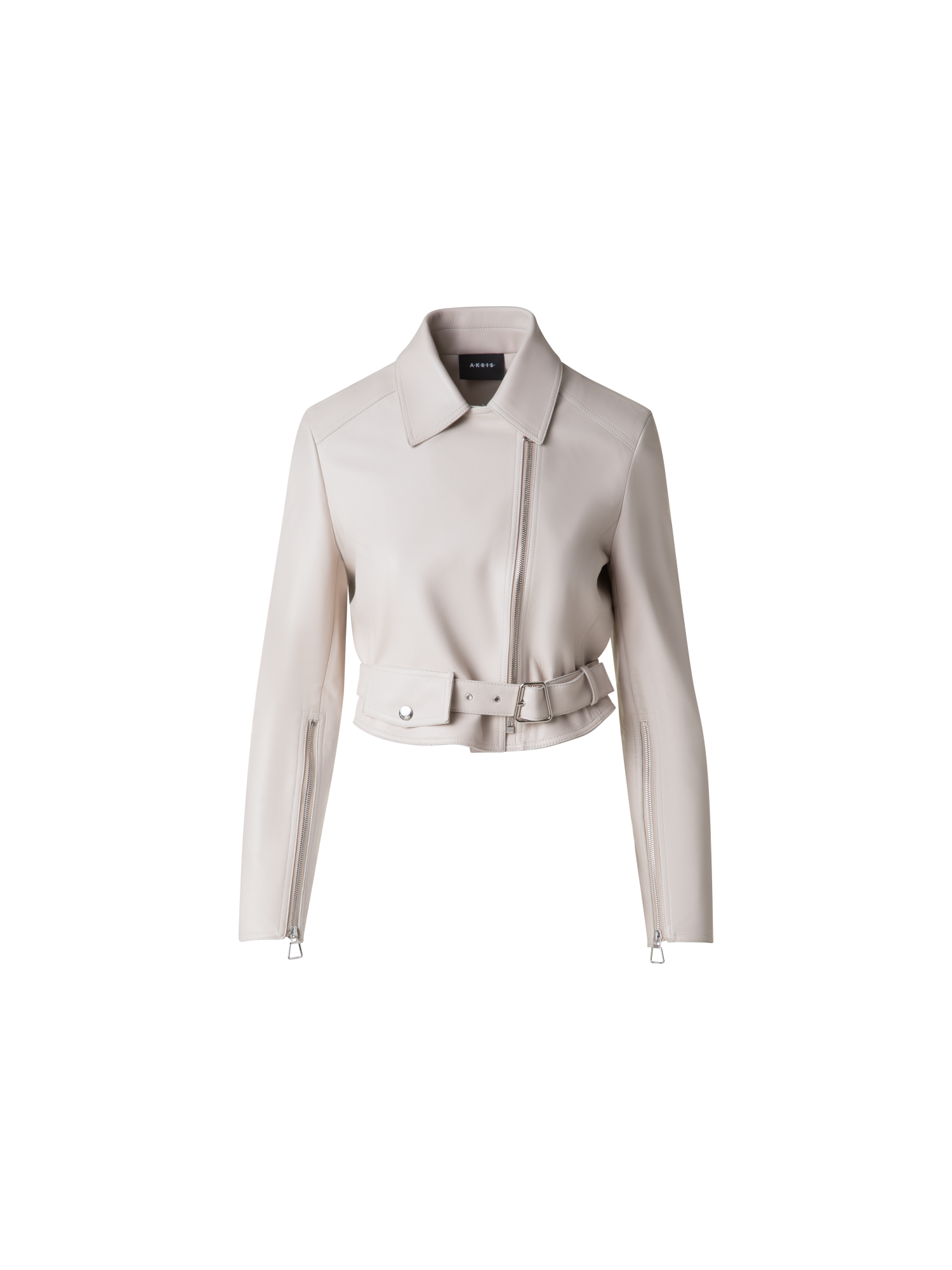 Designer Cropped Leather Biker Jacket - neutral - grey - beige