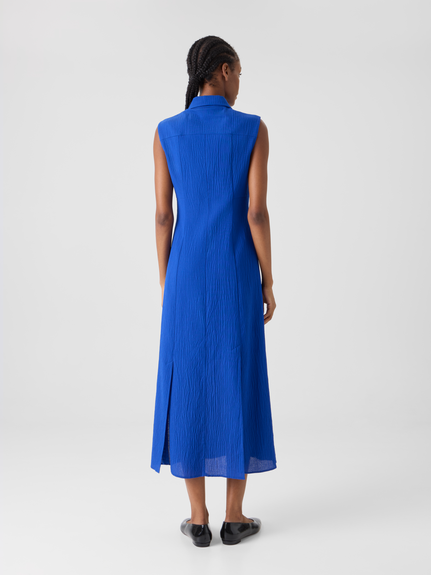 Designer Midi Shirt Dress in Structured Cotton Silk - blue 