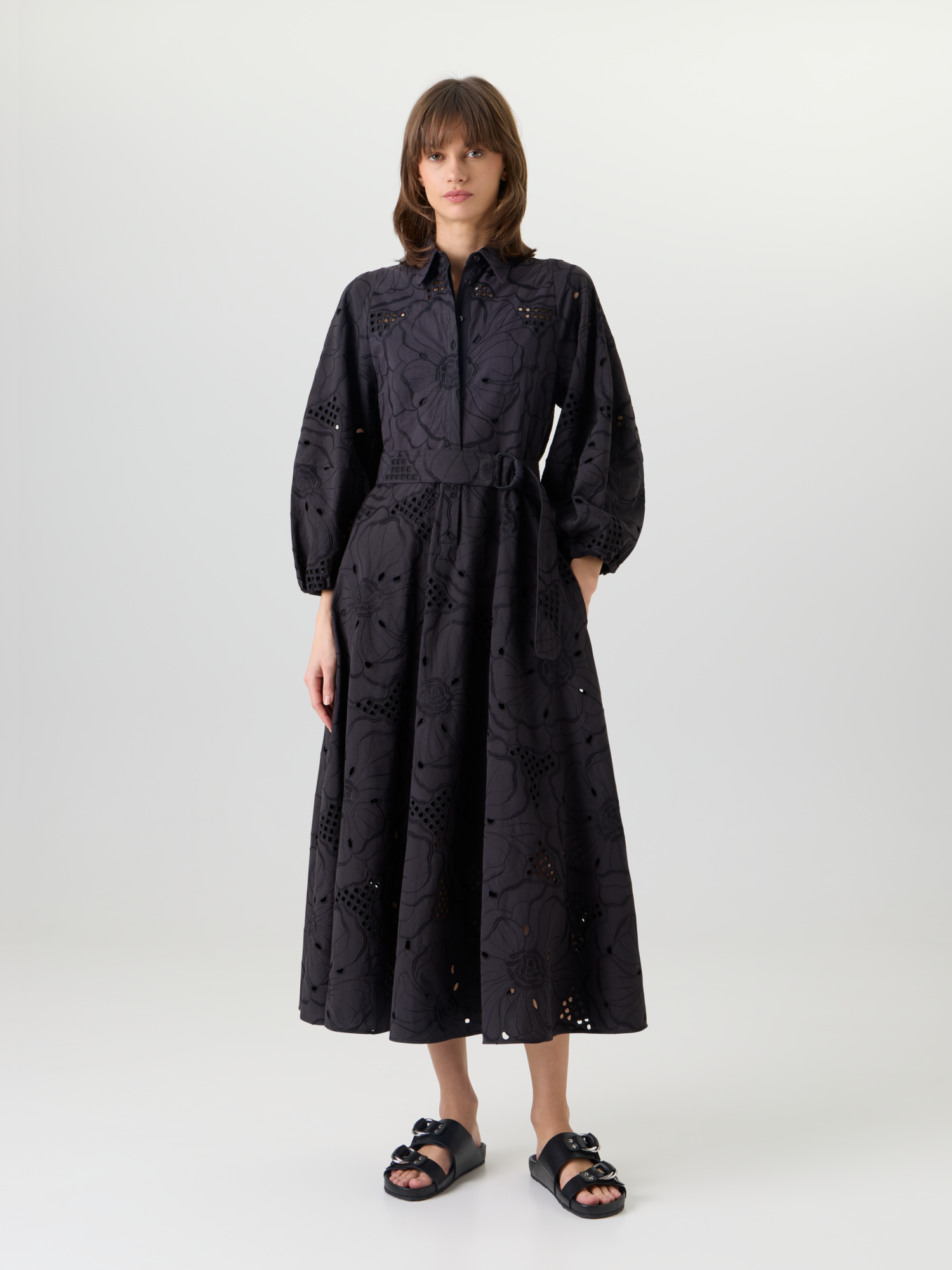 Designer Fit-and-Flare Flower Eyelet Midi Dress - black 