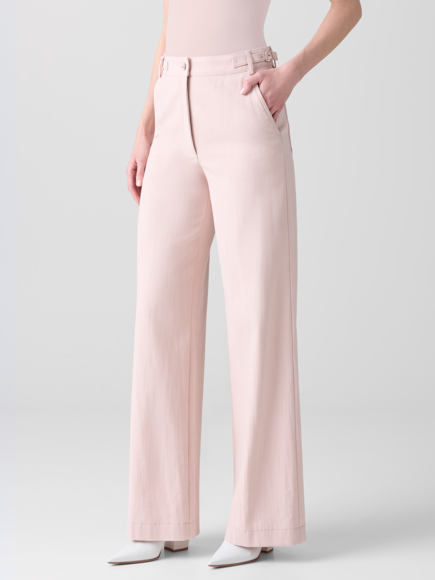 Designer Wide Cotton Denim Stretch Pants - pastel - pink 