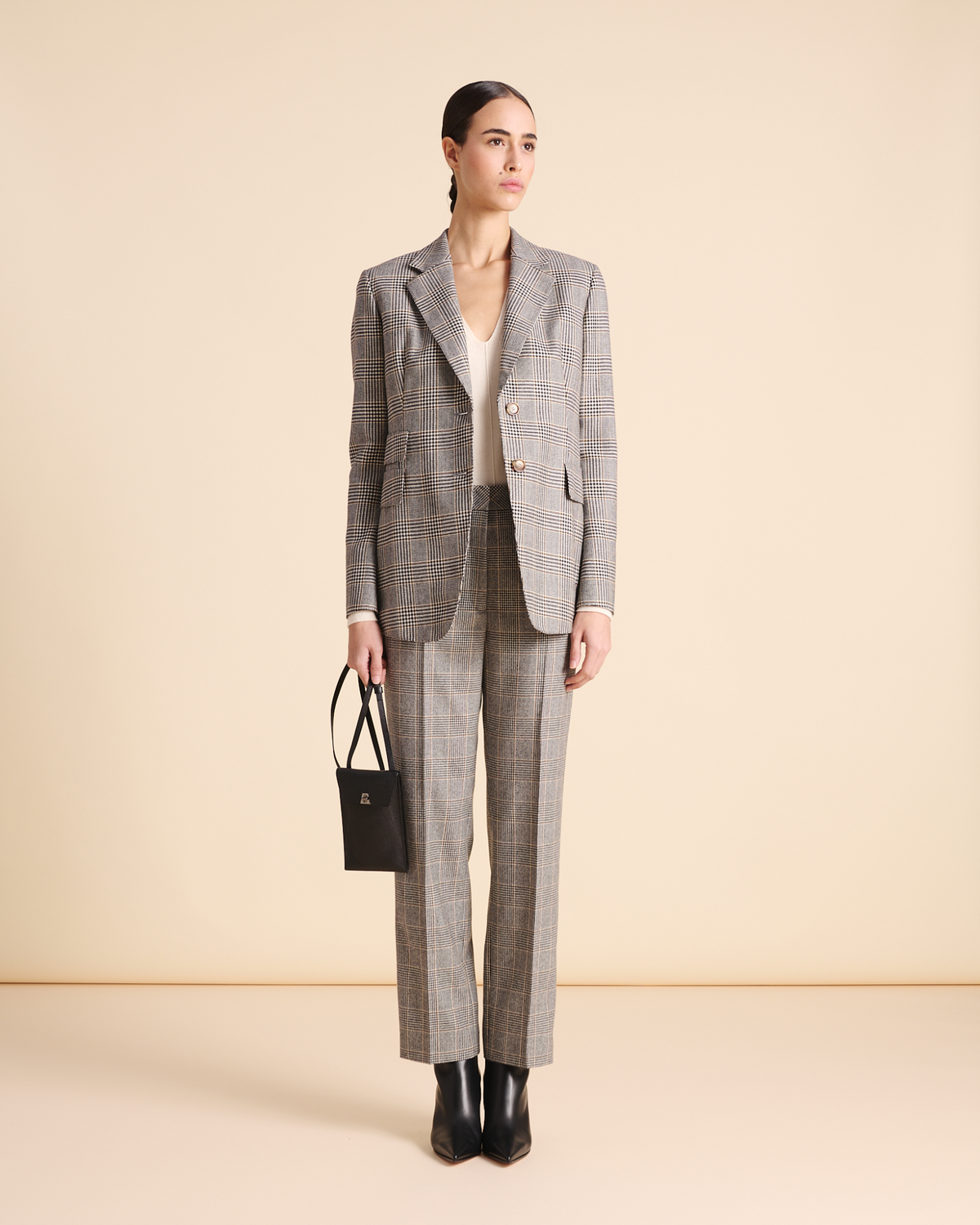 Designer Long Prince of Wales Pure Cashmere Blazer - black - neutral - multicolor #editorial