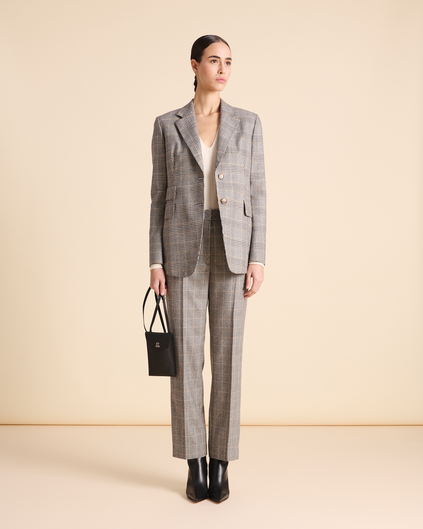 Designer Long Prince of Wales Pure Cashmere Blazer - black - neutral - multicolor 