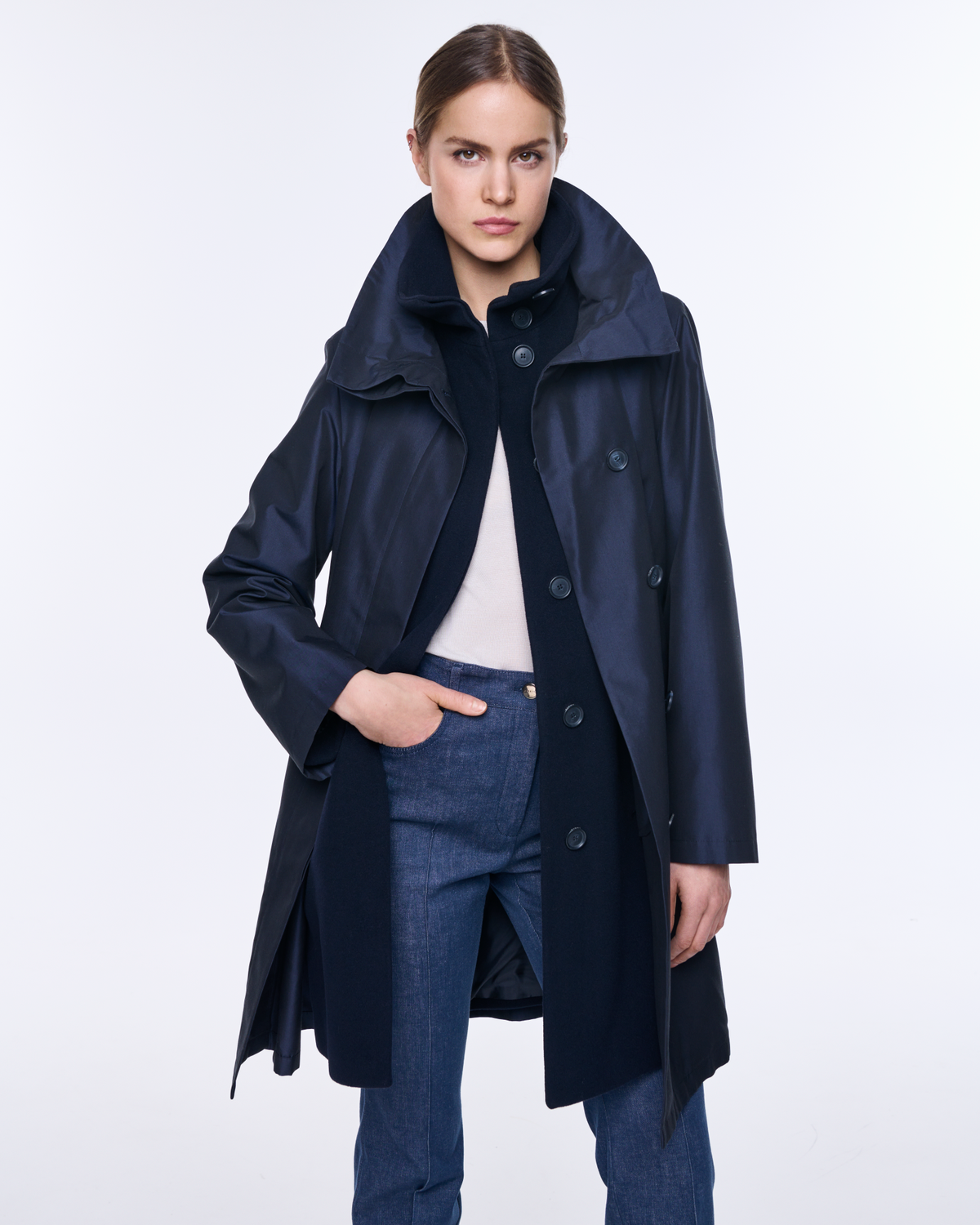 Designer Layered Wool Coat with Removable Silk Layer - navy - blue #editorial