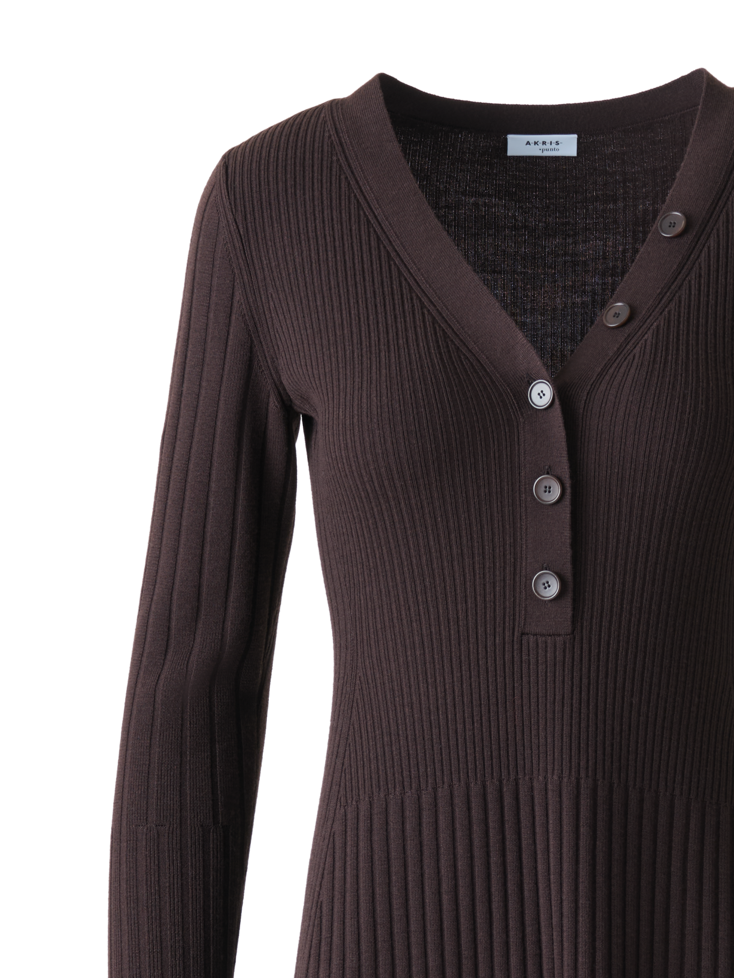 Designer Henley V-Neck Merino Wool Knit Midi Dress - neutral - brown