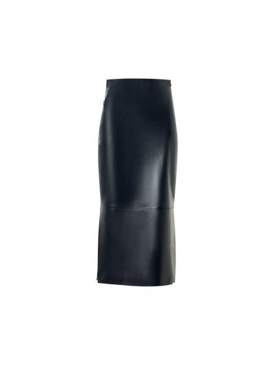 Designer Lacquered Nappa Leather Midi Pencil Skirt - navy