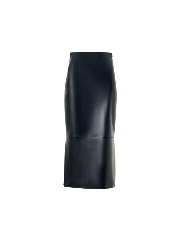 Designer Lacquered Nappa Leather Midi Pencil Skirt - navy