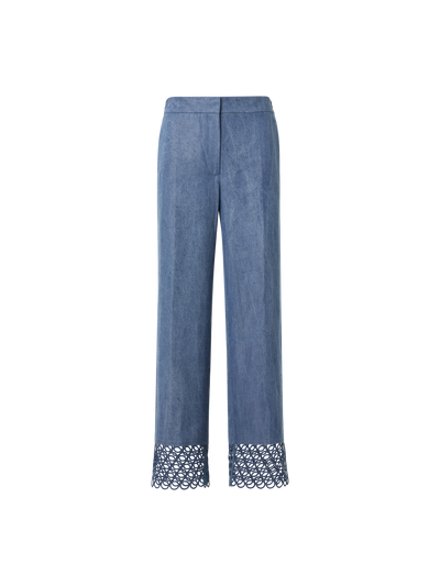 Designer Marlon High Waist Denim Cropped Pants with Eyelet Guipure - blue