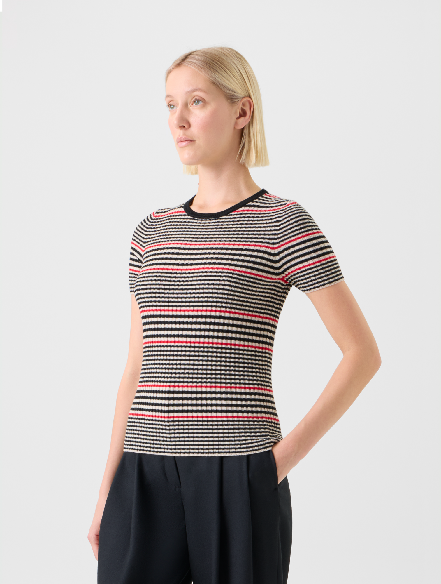 Designer Fitted Short Sleeve Merino Rib Striped Sweater - black - multicolor 