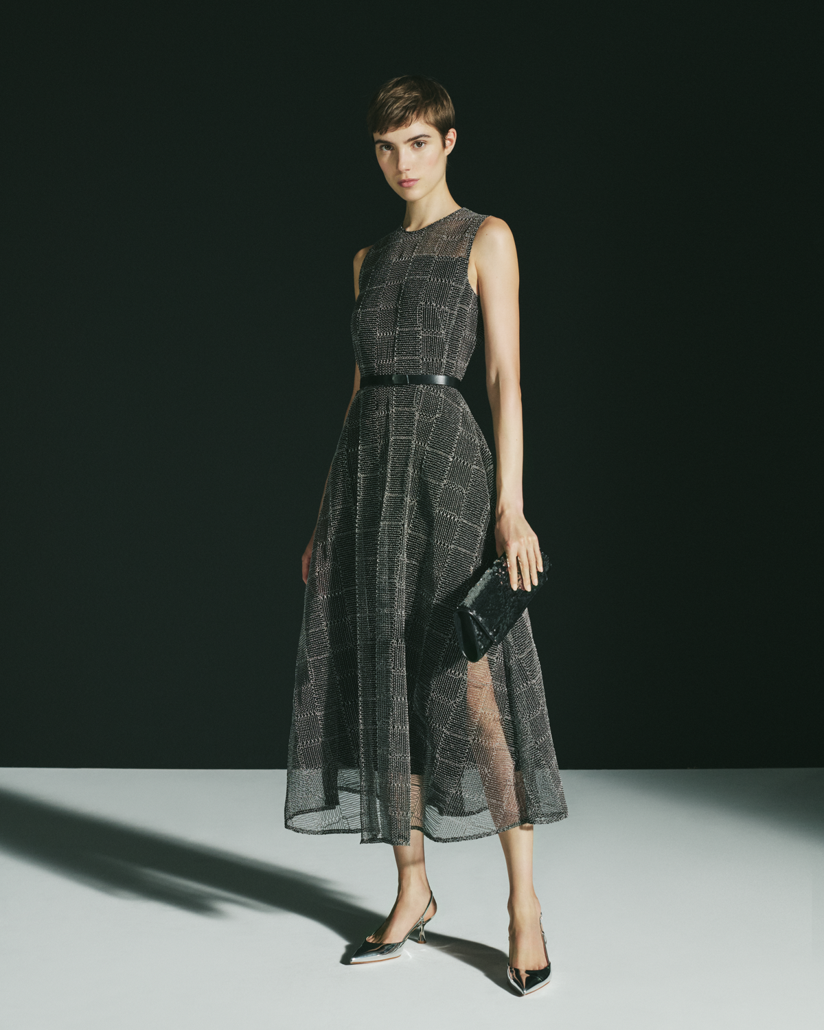Designer Fit and Flare Squares on Tulle Midi Dress - black #editorial