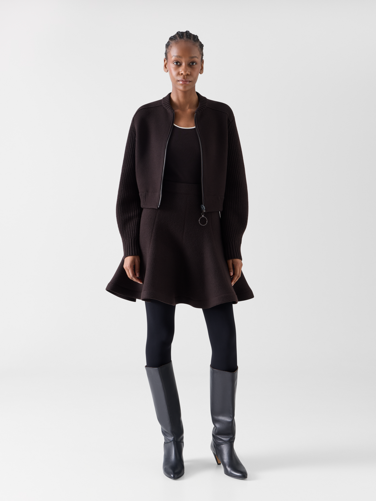 Designer Merino Wool Bomber Cardigan - brown 