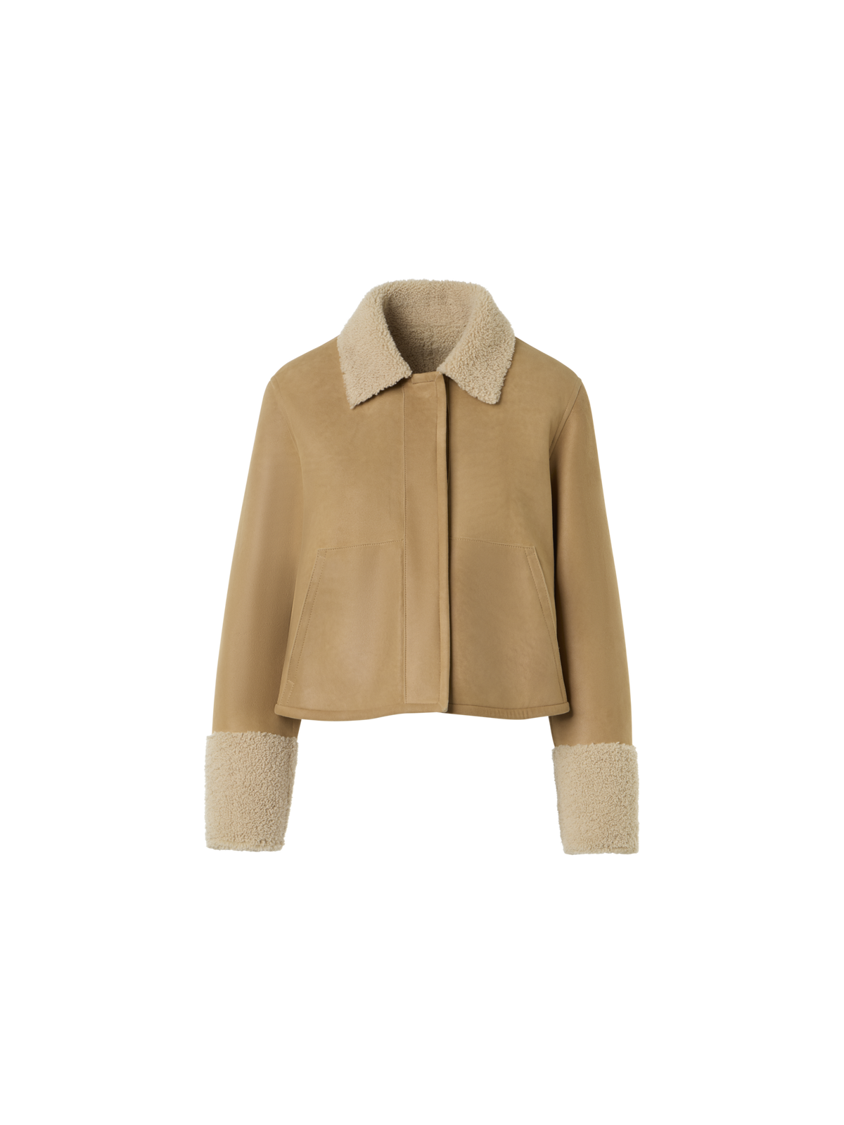 Designer Short Shearling Jacket with Fur Collar and Cuffs - beige