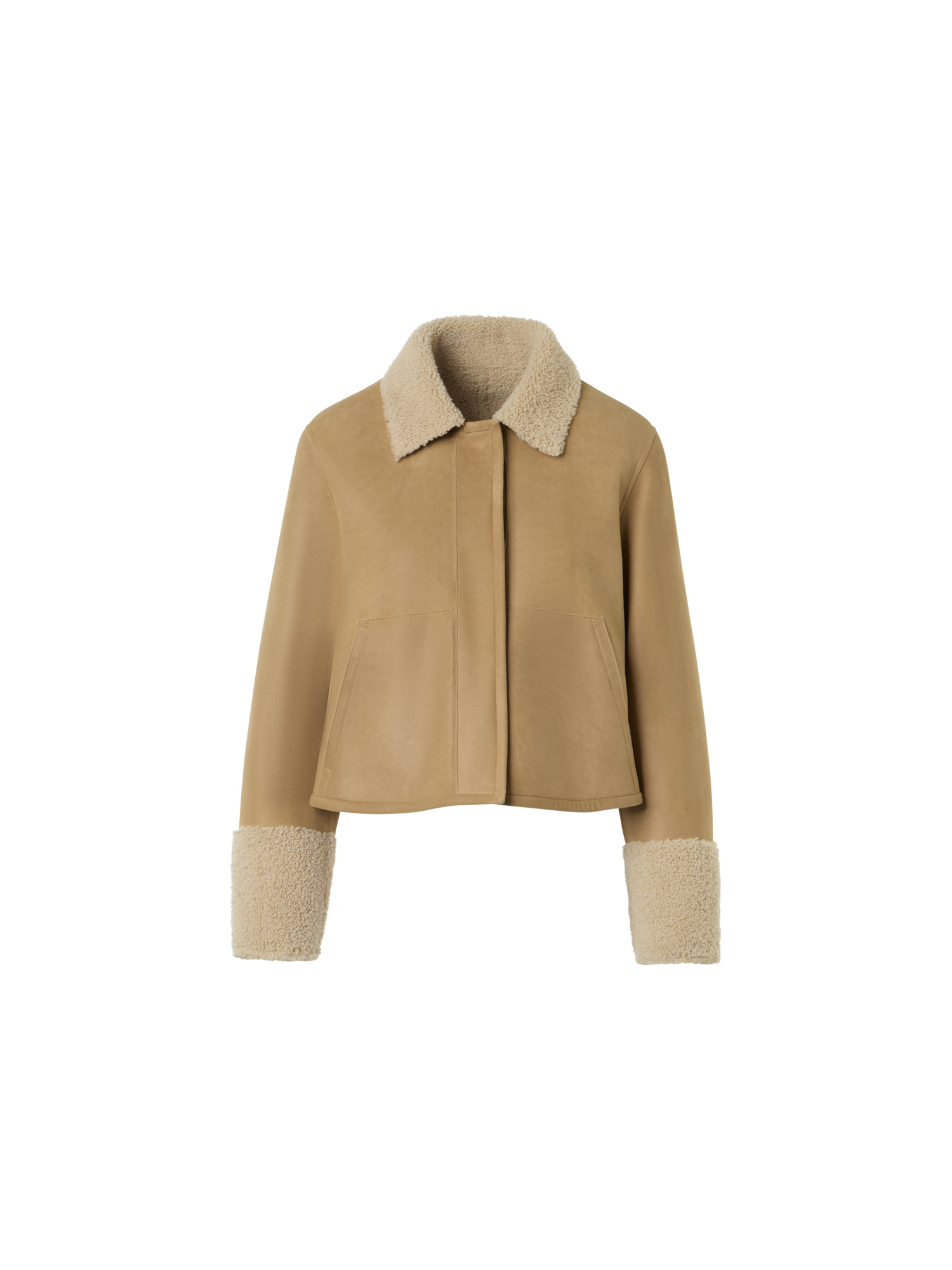 Designer Short Shearling Jacket with Fur Collar and Cuffs - beige