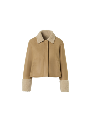 Designer Short Shearling Jacket with Fur Collar and Cuffs - beige