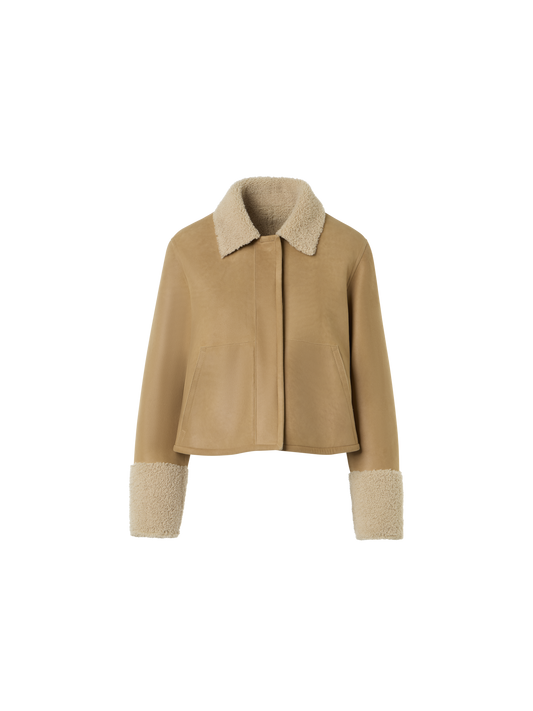Designer Short Shearling Jacket with Fur Collar and Cuffs - beige