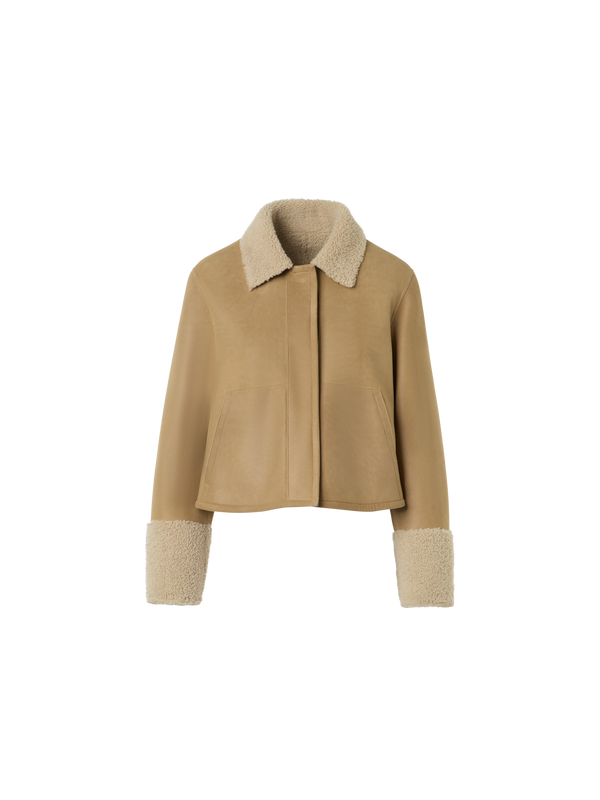 Designer Short Shearling Jacket with Fur Collar and Cuffs - beige