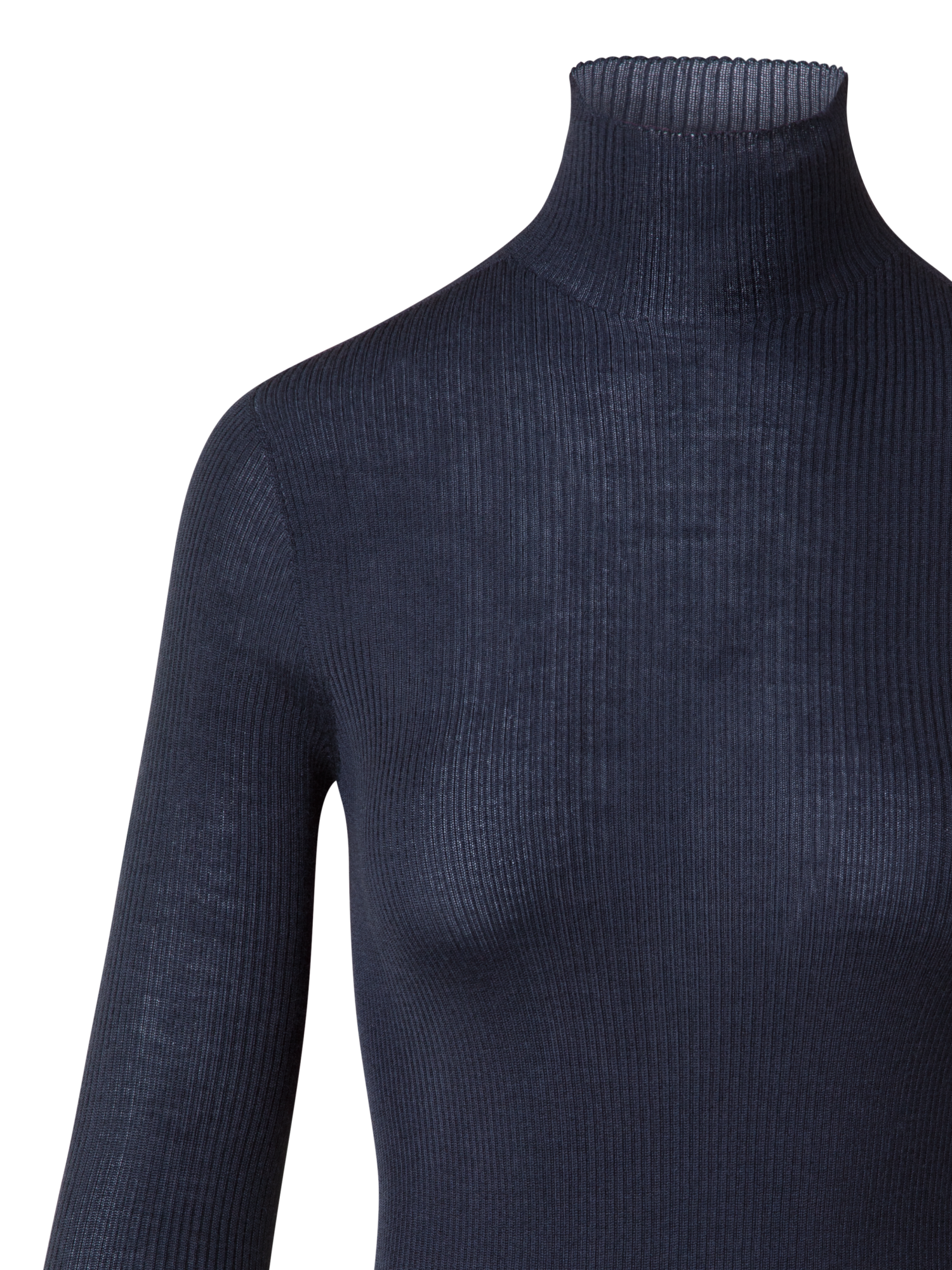 Designer Fine Rib Cashmere Silk Mock Neck Pullover - navy - blue
