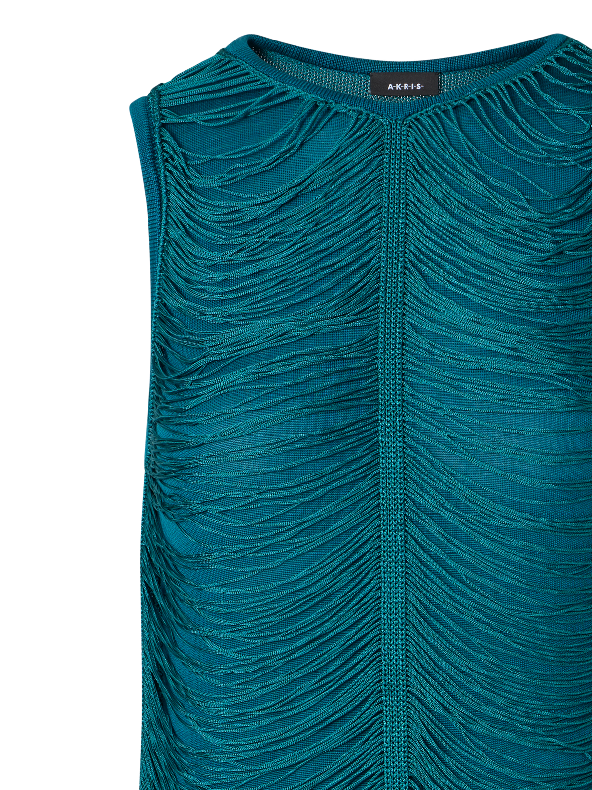 Designer Sleeveless Fringe Drape Knit Sheath Dress in Silk - green