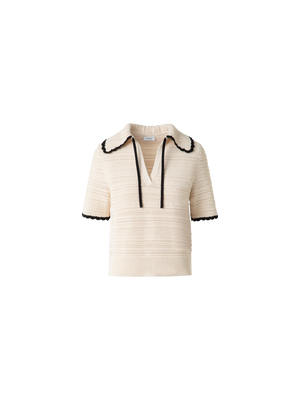 Designer Chunky Cotton Knit Top with Contrast Trim - neutral - multicolor - beige